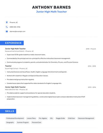 Junior High Math Teacher Resume