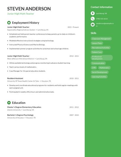 Junior High Math Teacher Resume