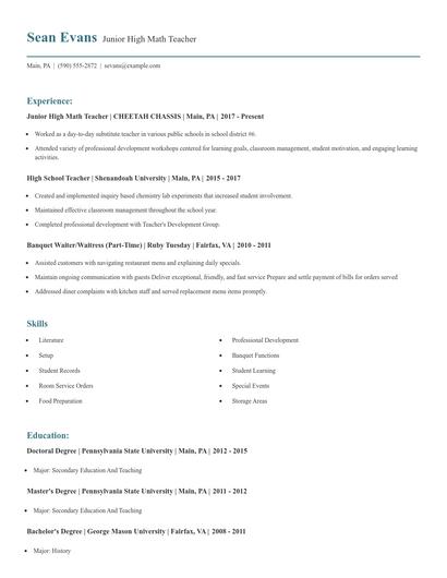Junior High Math Teacher Resume