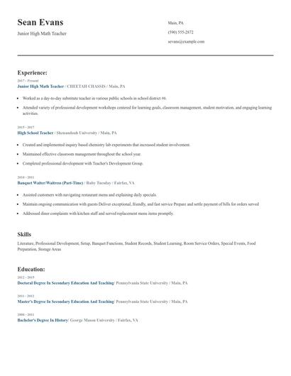 Junior High Math Teacher Resume