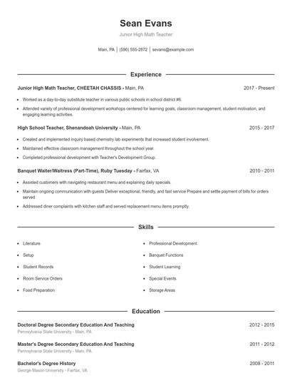 Junior High Math Teacher Resume