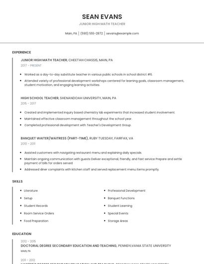 Junior High Math Teacher Resume