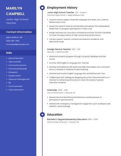 Junior High School Teacher Resume
