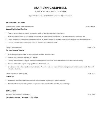 Junior High School Teacher Resume