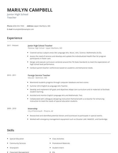 Junior High School Teacher Resume