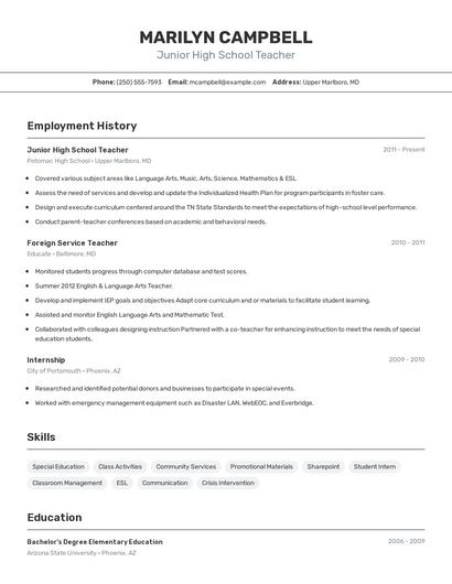 Junior High School Teacher Resume