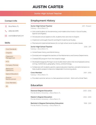 Junior High School Teacher Resume