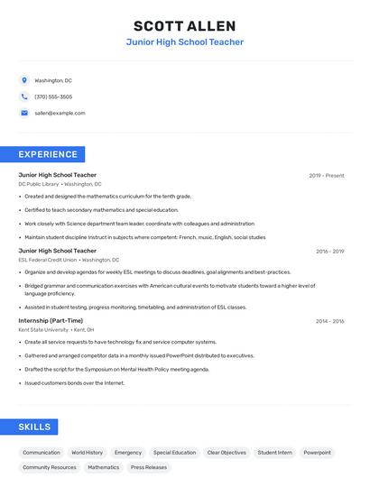 Junior High School Teacher Resume