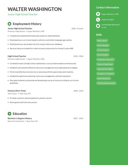 Junior High School Teacher Resume