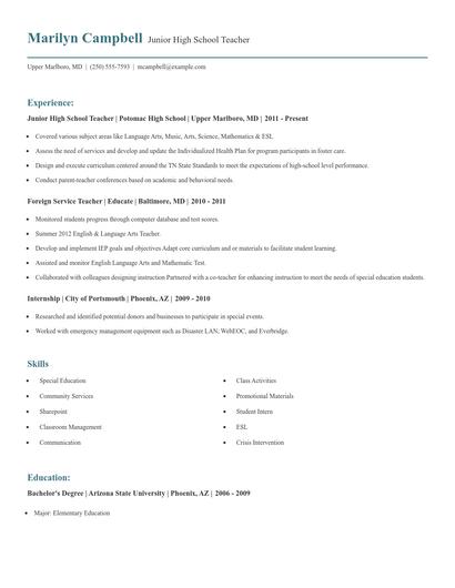 Junior High School Teacher Resume