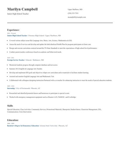 Junior High School Teacher Resume