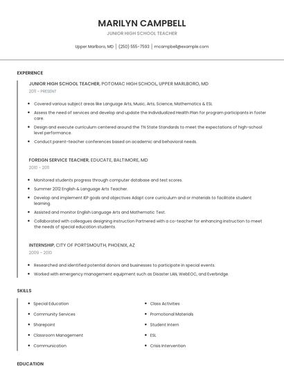 Junior High School Teacher Resume