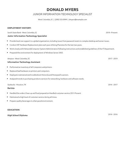 Junior Information Technology Specialist Resume