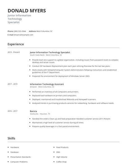Junior Information Technology Specialist Resume