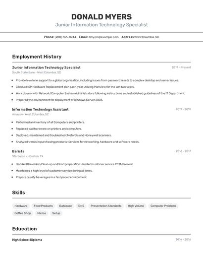 Junior Information Technology Specialist Resume