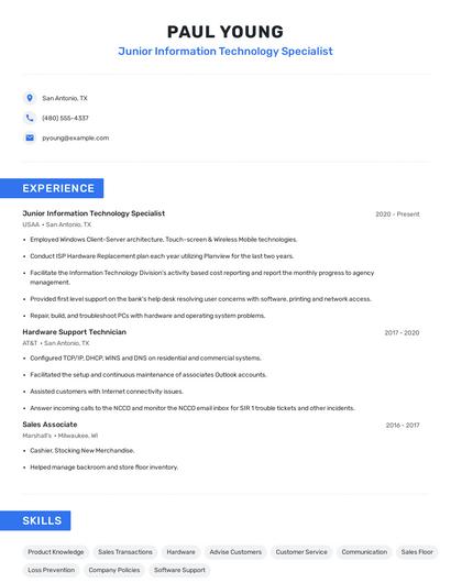 Junior Information Technology Specialist Resume