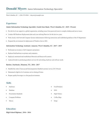 Junior Information Technology Specialist Resume