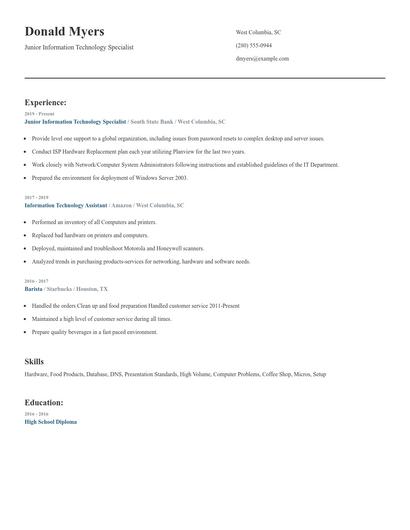 Junior Information Technology Specialist Resume