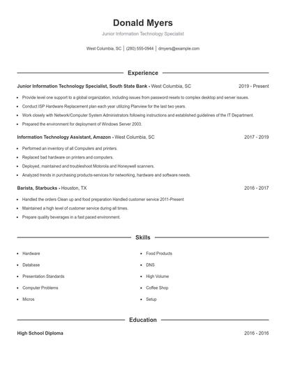 Junior Information Technology Specialist Resume