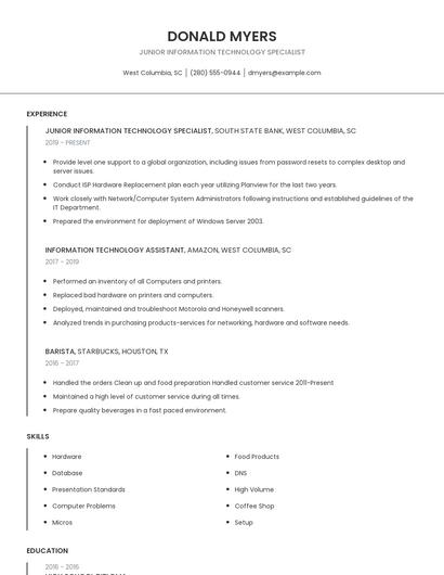 Junior Information Technology Specialist Resume