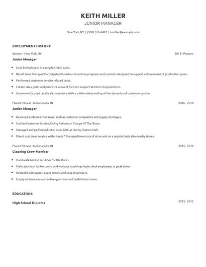 Junior Manager Resume