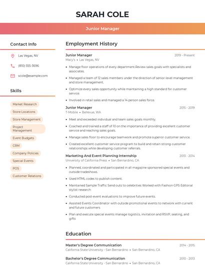 Junior Manager Resume