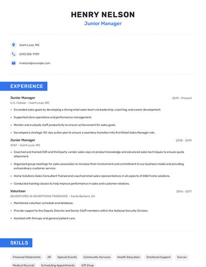 Junior Manager Resume