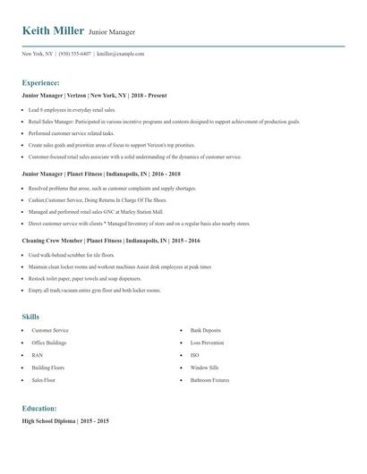 Junior Manager Resume
