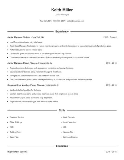 Junior Manager Resume