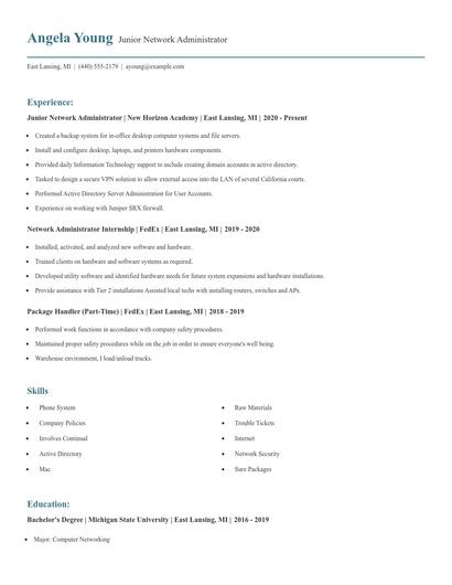 Junior Network Administrator Resume