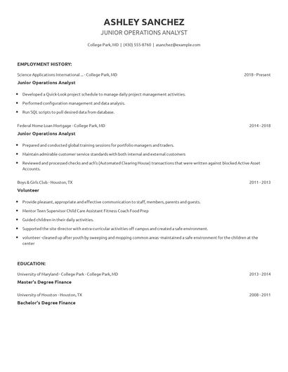 Junior Operations Analyst Resume