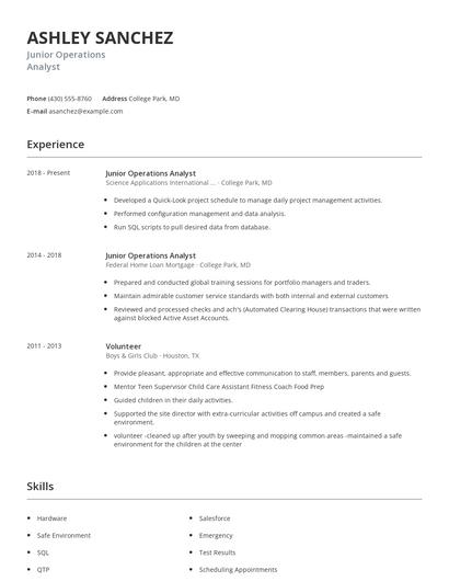Junior Operations Analyst Resume