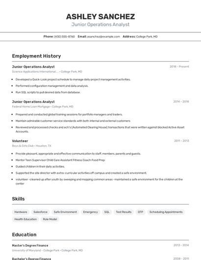 Junior Operations Analyst Resume