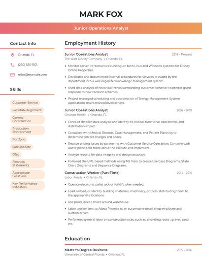 Junior Operations Analyst Resume