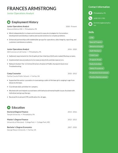 Junior Operations Analyst Resume
