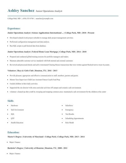 Junior Operations Analyst Resume