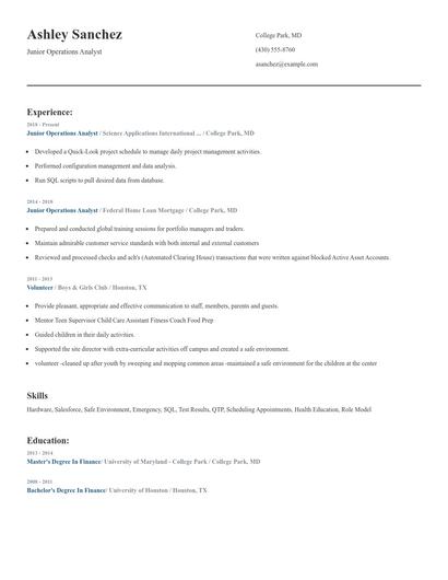 Junior Operations Analyst Resume