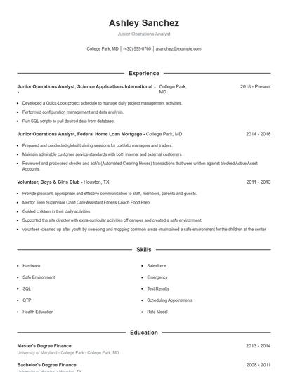 Junior Operations Analyst Resume