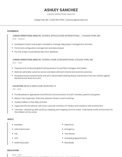Junior Operations Analyst Resume