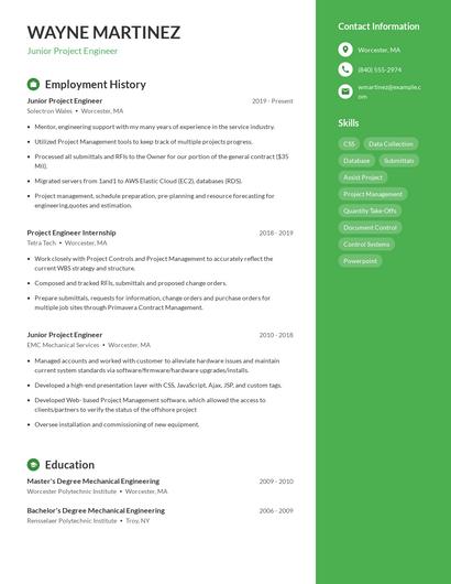 Junior Project Engineer Resume