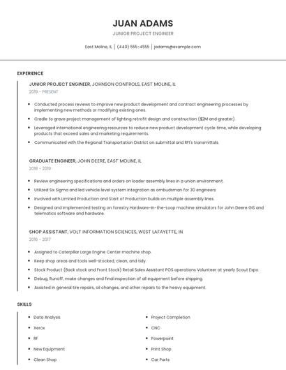 Junior Project Engineer Resume