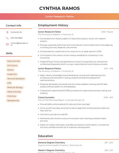 Junior Research Fellow Resume