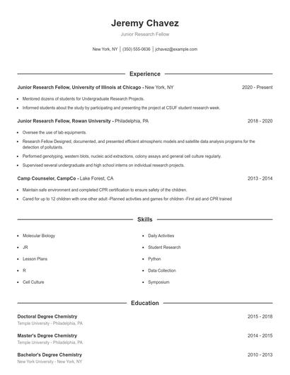 Junior Research Fellow Resume