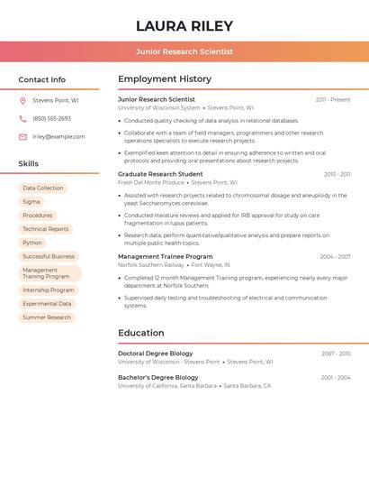 Junior Research Scientist Resume