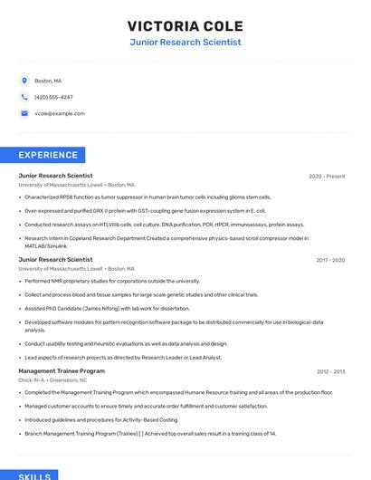 Junior Research Scientist Resume