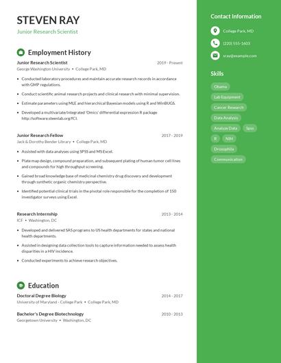 Junior Research Scientist Resume