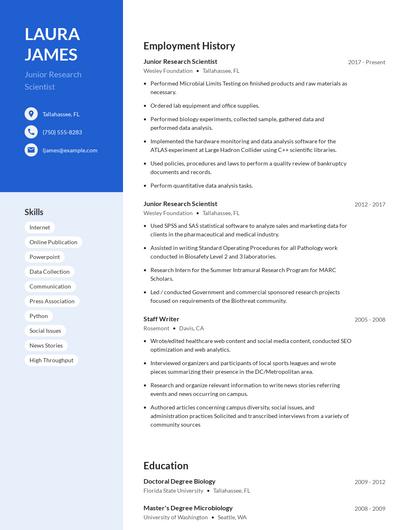 Junior Research Scientist Resume