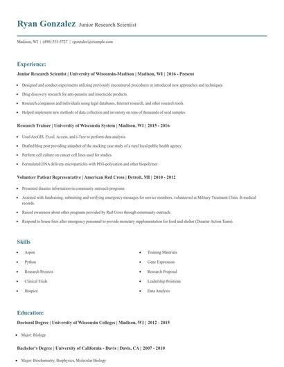 Junior Research Scientist Resume