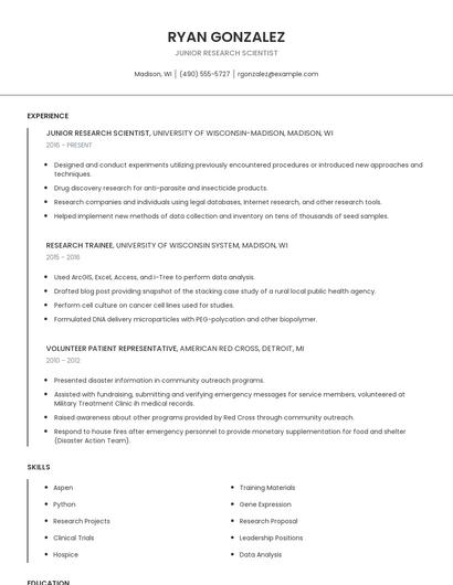 Junior Research Scientist Resume