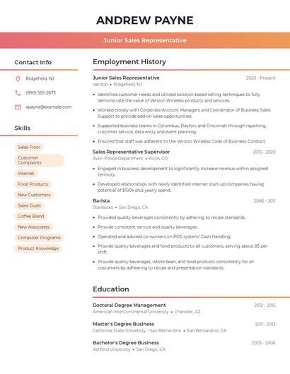 Junior Sales Representative Resume